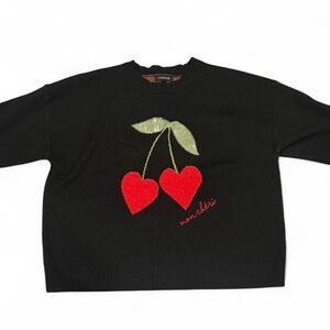 Mon Cheri Black Crewneck Sweater with Red Cherry Heart Motif